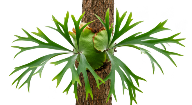 Isolated Transparent Staghorn Fern Exotic Green Foliage on Tree Bark