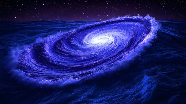 Cosmic swirl blue galaxy in dark water