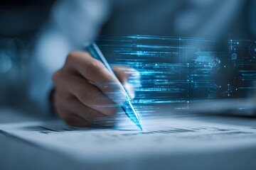 Hand signing document with digital code overlay