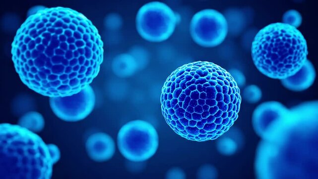 Blue virus particle floating with hexagonal pattern and glowing blue nanoparticles in dark space