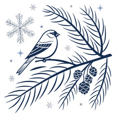 Winter Bird on Pine Branch: Festive Holiday Design
