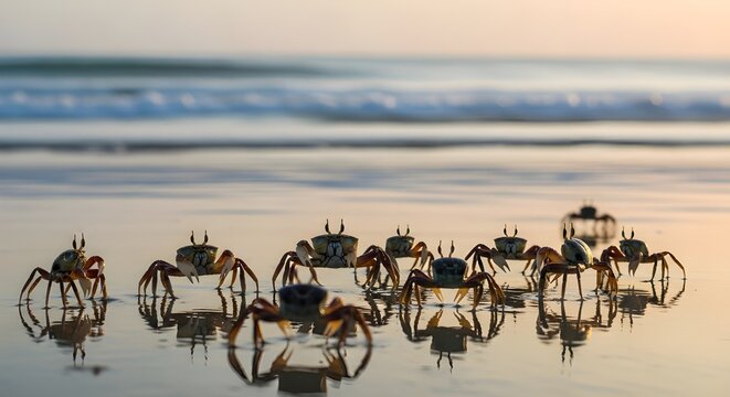 Crabs gathered on the clean, beautiful beach