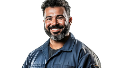 Obraz premium Smiling Male Worker in Uniform with Beard, Professional Appearance, Isolated on Black Background, Portrait for Diverse Corporate and Industry Use