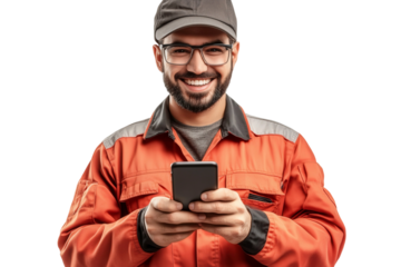 Friendly construction worker in bright orange uniform using smartphone and smiling confidently while standing against a white background