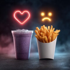 Glowing Heart and Sad Face with Smoothie and Fries