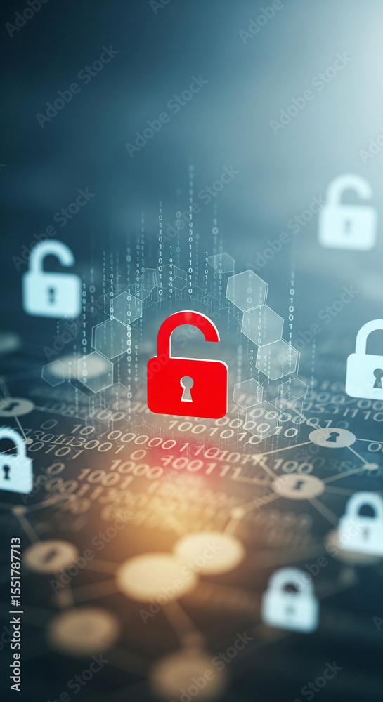 Poster Red open padlock icon on digital background with binary code, symbolizing cybersecurity, data protection, and network security