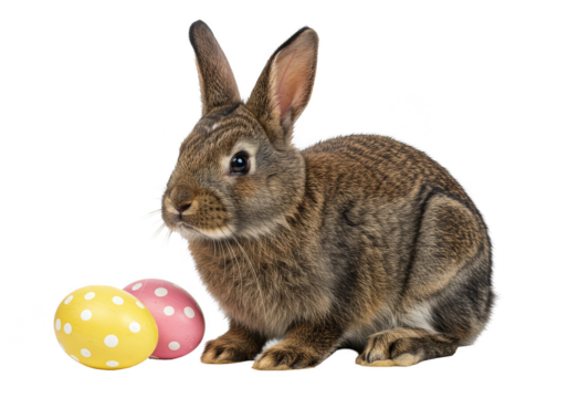 Isolated Transparent Background Image of Brown Bunny with Easter Eggs