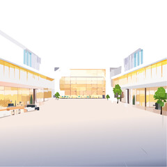 Illustration of a Shopping Mall Interior with Storefronts and Trees