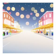 Fototapeta premium Stylized street scene with lights and shops in a vibrant, cartoonish style