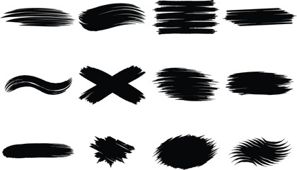 Black ink brush stroke collection for abstract design, grunge texture, paint swatch, artistic element