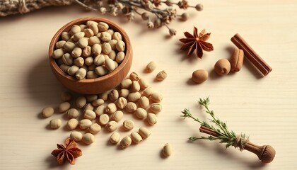 A rustic still life featuring a wooden bowl of chickpeas, star anise, cinnamon sticks, and dried herbs on a light wooden surface, evoking warm, natural spice and food themes