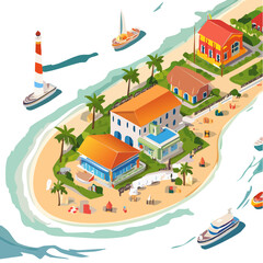 Fototapeta premium Tropical Island Village Illustration with Beach, Houses, and Boats