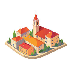 Fototapeta premium Isometric Illustration of a Mediterranean Townscape with Church and Houses