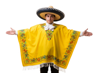 Isolated Transparent Portrait Man in Yellow Poncho with Sombrero