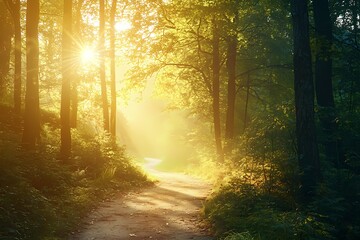 Obraz premium Serene Forest Pathway Illuminated by Golden Morning Light