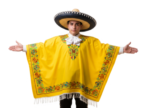 Isolated Transparent Portrait Man in Yellow Poncho with Sombrero