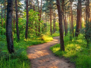 Obraz premium Serene Forest Pathway Through Sunlit Green Pine Tree Landscape
