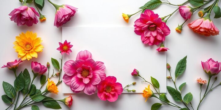 Overhead shot of a pristine white greeting card adorned with AI-generated floral decorations,  floral,  botanical - Powered by Adobe