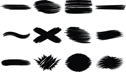Collection of black brush strokes isolated on white background, artistic paint smears and grunge sketch marks, hand-drawn dry brush textures, abstract ink shapes for modern design elements