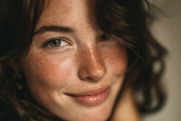 Close-up portrait of young woman with freckles and natural hair smiling