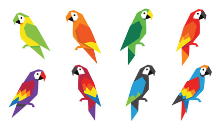 Obraz premium Vibrant Geometric Parrots Collection Vector Illustration Pack Bright Polygonal Tropical Birds Set on White Background