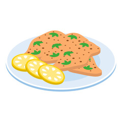 Otbivnaya or Schnitzel isometric concept, Havaijinleike or  Wieninleike vector design, German cuisine symbol, Germany Serving Platter sign, European gastronomy food culture illustration 