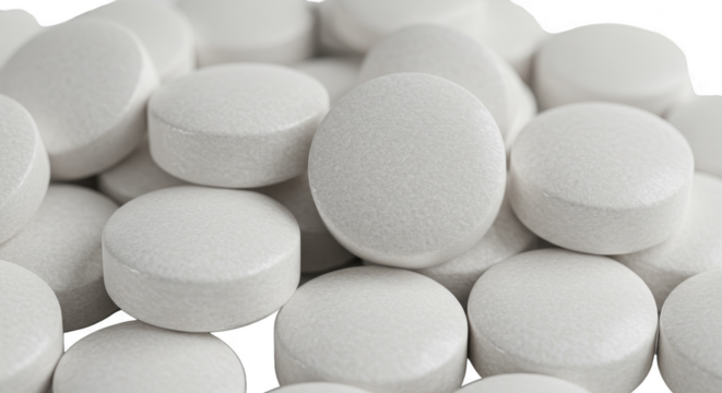 Isolated Transparent Background of White Round Pills for Medication