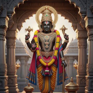 Black Stone Lord Vitthal Murti in Pandharpur Mandir &ndash; Vitthal Rukmini Idol Temple Image | Hindu God Vithoba Photo for Spiritual Use