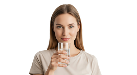 Young Woman Holding Glass of Water – Hydration, Wellness, and Healthy Lifestyle Concept on Transparent Background