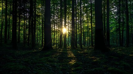 Sunlight Streaming Through Trees in a Lush Green Forest