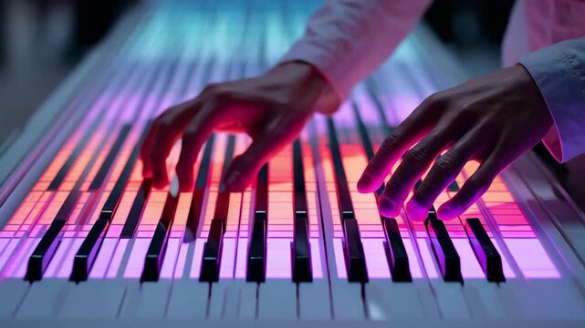 Hands playing vibrant electronic piano keyboard music with colorful illuminated keys glowing bright