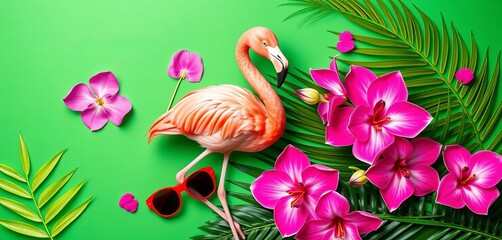 Pink flamingo, tropical leaves, orchids, & summer party accessories on vibrant green background Flat lay, copy space,  nature,  art