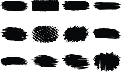 Brush strokes isolated on white background, grunge sketch texture swatches, ink smear shapes, dry brush paint elements, rough artistic stroke marks for graphic design