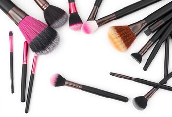 Professional makeup brush set, isolated on white,  beauty tools,  flat lay