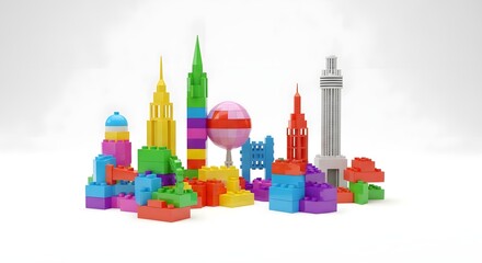 Colorful Toy Building Blocks Assembled Into Fantasy Cityscape