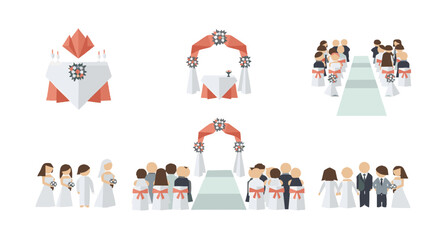 Fototapeta premium Elegant Flat Design Wedding Ceremony Elements Collection Featuring Bridal Party, Guests, and Decorative Arch