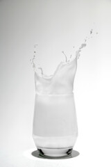 Milk in a glass with a splash on a white background