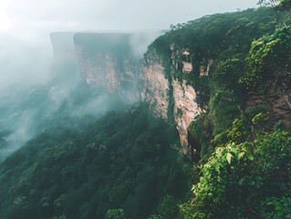 Misty Mountain Cliff Landscape Surrounded by Lush Green Forest