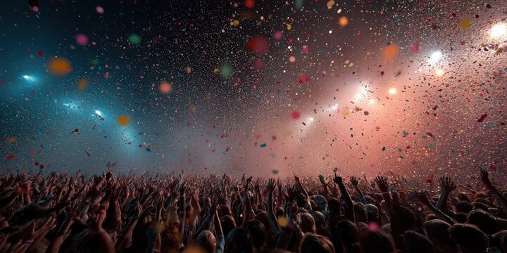Energetic crowd celebrating at live concert with colorful confetti and stage lights for event marketing and promotions.
