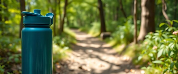 Reusable water bottle, eco gear, verdant forest trail,  mindful,  journey