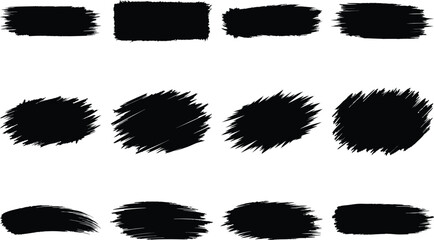 Grunge black brush strokes set on white background, hand-drawn textured paint blobs, rough ink smear shapes, abstract dry brush elements, artistic sketch swatches for modern graphic design
