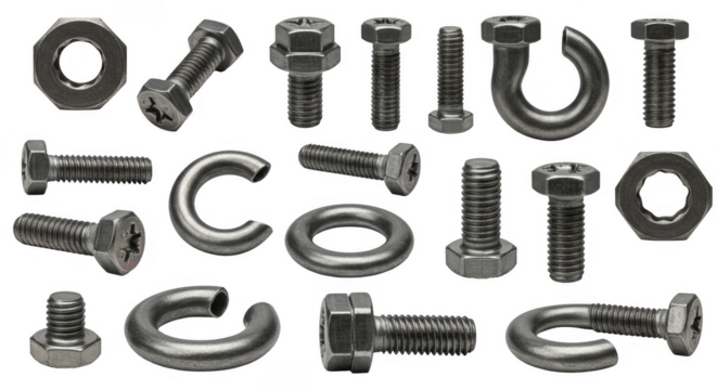 Metal Bolt and Screw Hardware Assembly on Transparent Background