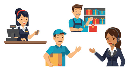 Diverse Professionals Illustrate Key Roles in Retail, Logistics, and Customer Service Operations