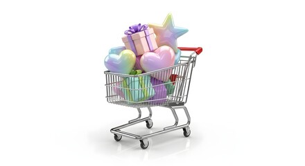Pastel Shopping Cart Filled with Rainbow Heart, Star and Gift Boxes