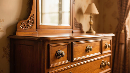 A vintage wooden vanity with carved drawer pulls and a large attached mirror stands bathed in soft light. A classic lamp adds a warm glow, framed by pale curtains—evoking the charm