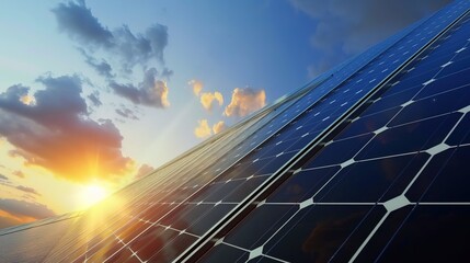 Solar Panel Array Technology Background: High-Resolution 3D Render of Photovoltaic Systems with Realistic Solar Panel Arrays – Ideal for Renewable Energy Projects, Green Technology Visuals, Sustainabl