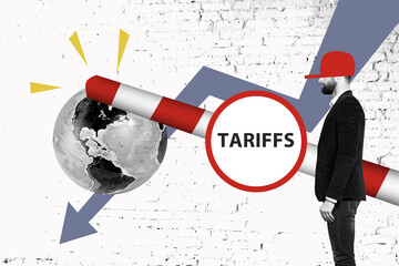 3D collage trend artwork composite poster of embargo restrictions economy sanctions arrow down...