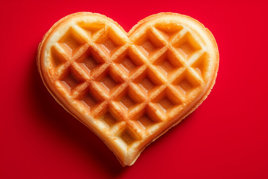 Heart-shaped waffle on a bright red background.