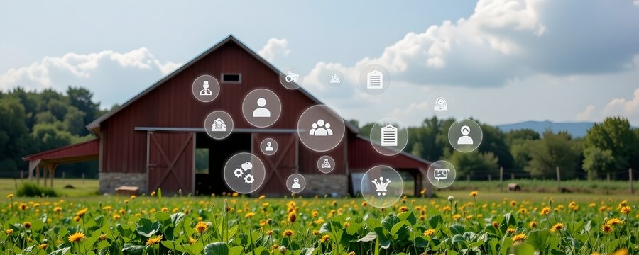 barn with floating app like interface icons, smart farm management, symbolic photography, balanced composition — digital infrastructure farming