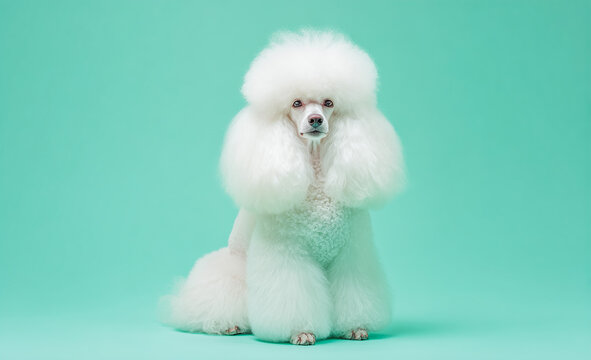 White poodle with a fluffy coat posing on a mint green background. 